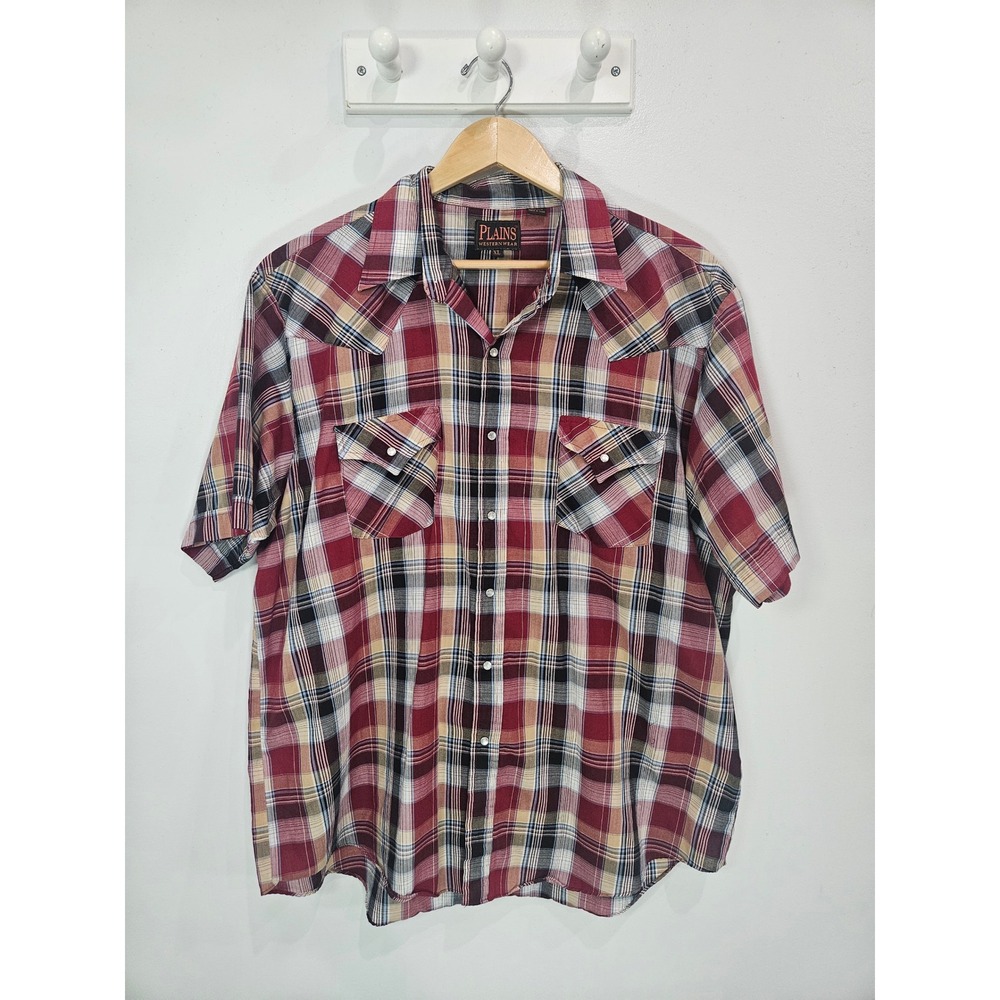 Plains Western Wear Mens XL Red Plaid Short Sleeve Pearl Snap Western Shirt
